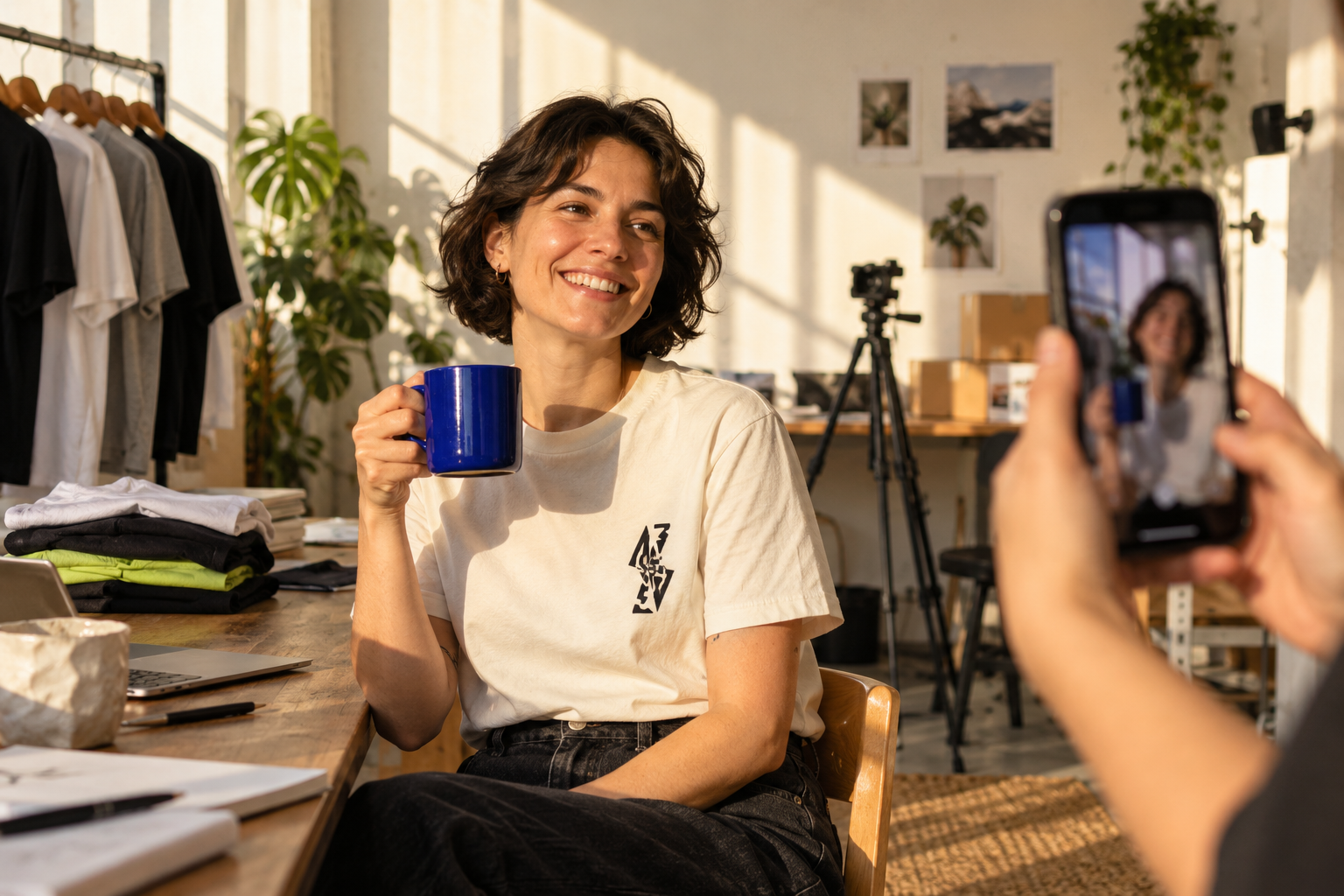 Illustrative concept of a creator presenting a mug while being filmed in a sunlit studio